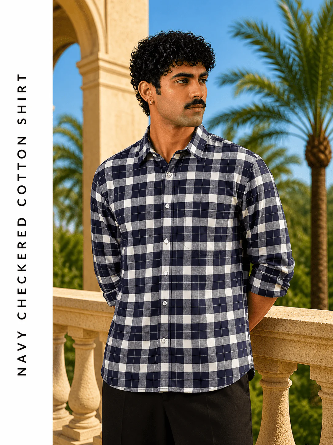 Navy Checkered Cotton Shirt β Regular Fit, Full Sleeves - Image 3