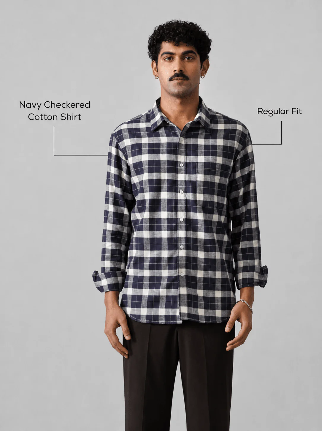 Navy Checkered Cotton Shirt β Regular Fit, Full Sleeves - Image 4