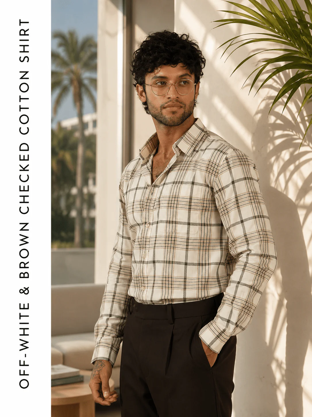 Off-White & Brown Checked Cotton Shirt β Regular Fit, Full Sleeves - Image 3