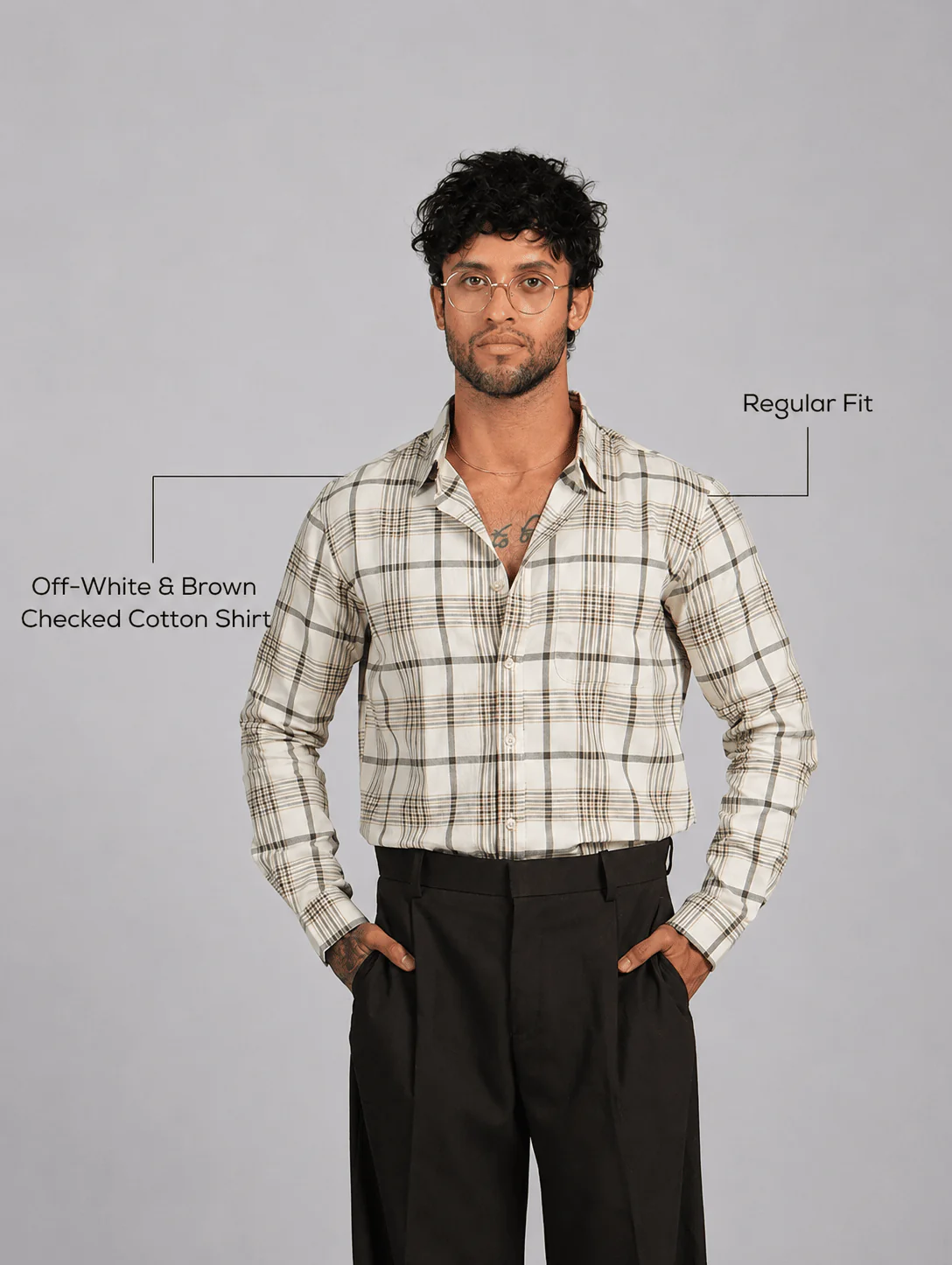 Off-White & Brown Checked Cotton Shirt β Regular Fit, Full Sleeves - Image 4