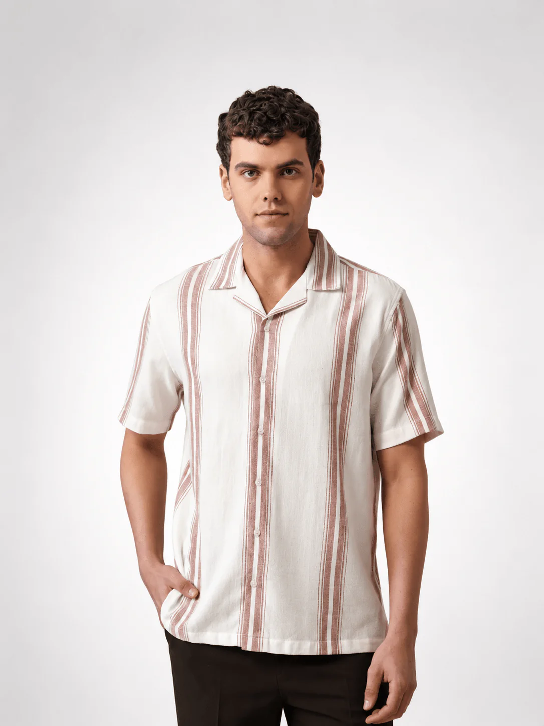 Off-White Striped Cotton Cuban Collar Shirt – Regular Fit, Half Sleeves