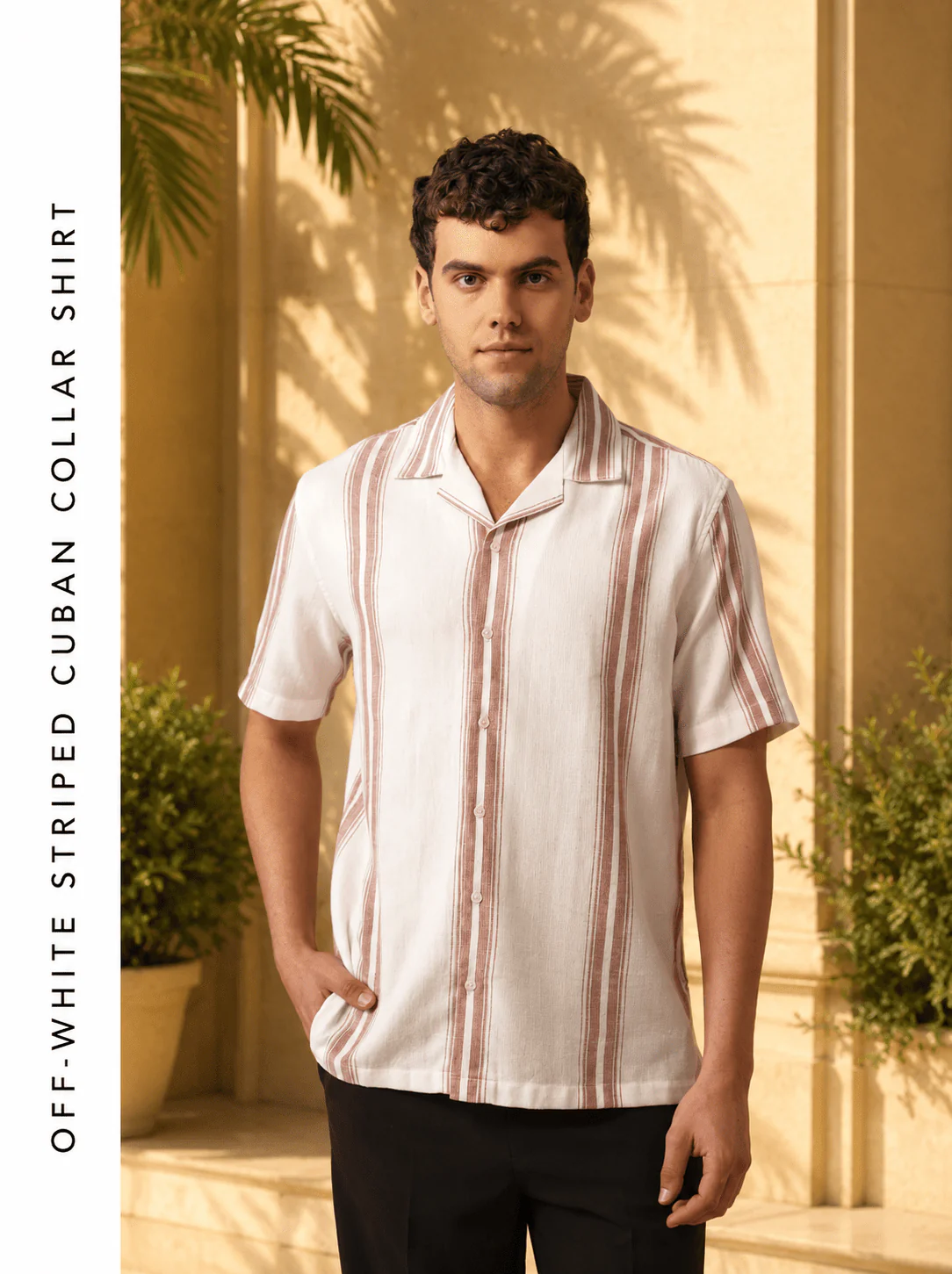 Off-White Striped Cotton Cuban Collar Shirt – Regular Fit, Half Sleeves - Image 3