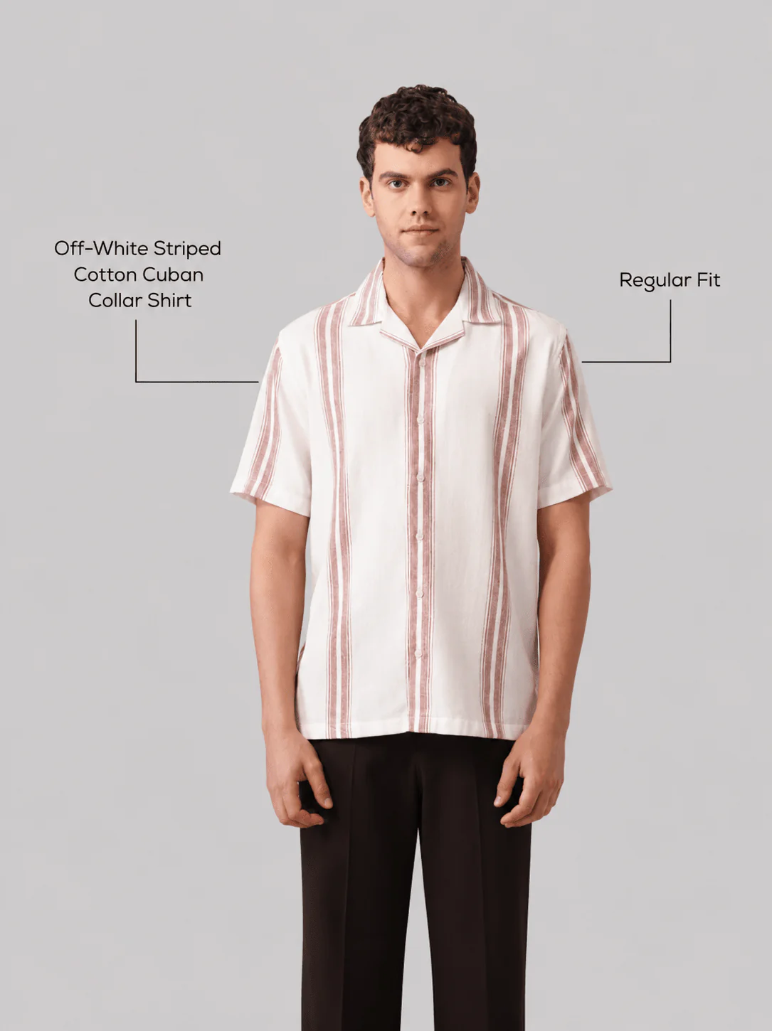 Off-White Striped Cotton Cuban Collar Shirt – Regular Fit, Half Sleeves - Image 4