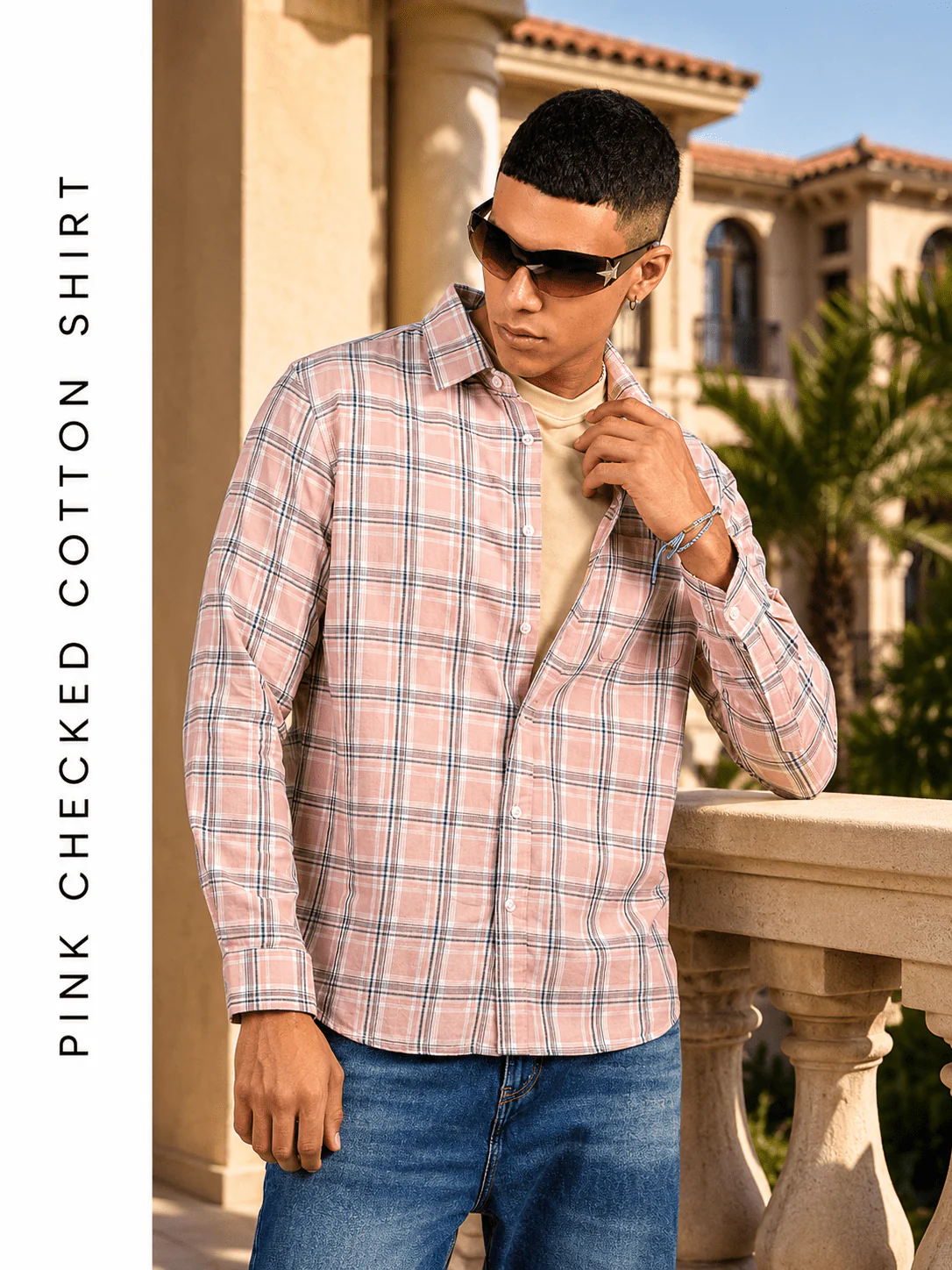 Pink Checkered Cotton Shirt – Loose Fit, Full Sleeves - Image 2