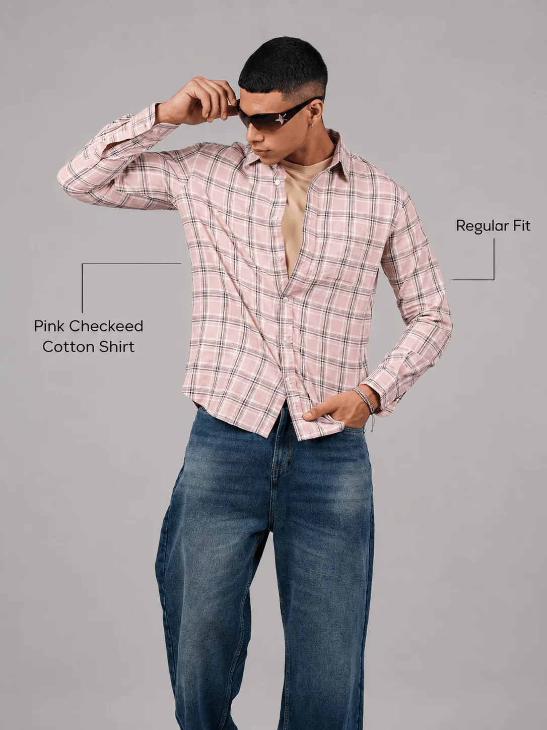 Pink Checkered Cotton Shirt – Loose Fit, Full Sleeves - Image 3