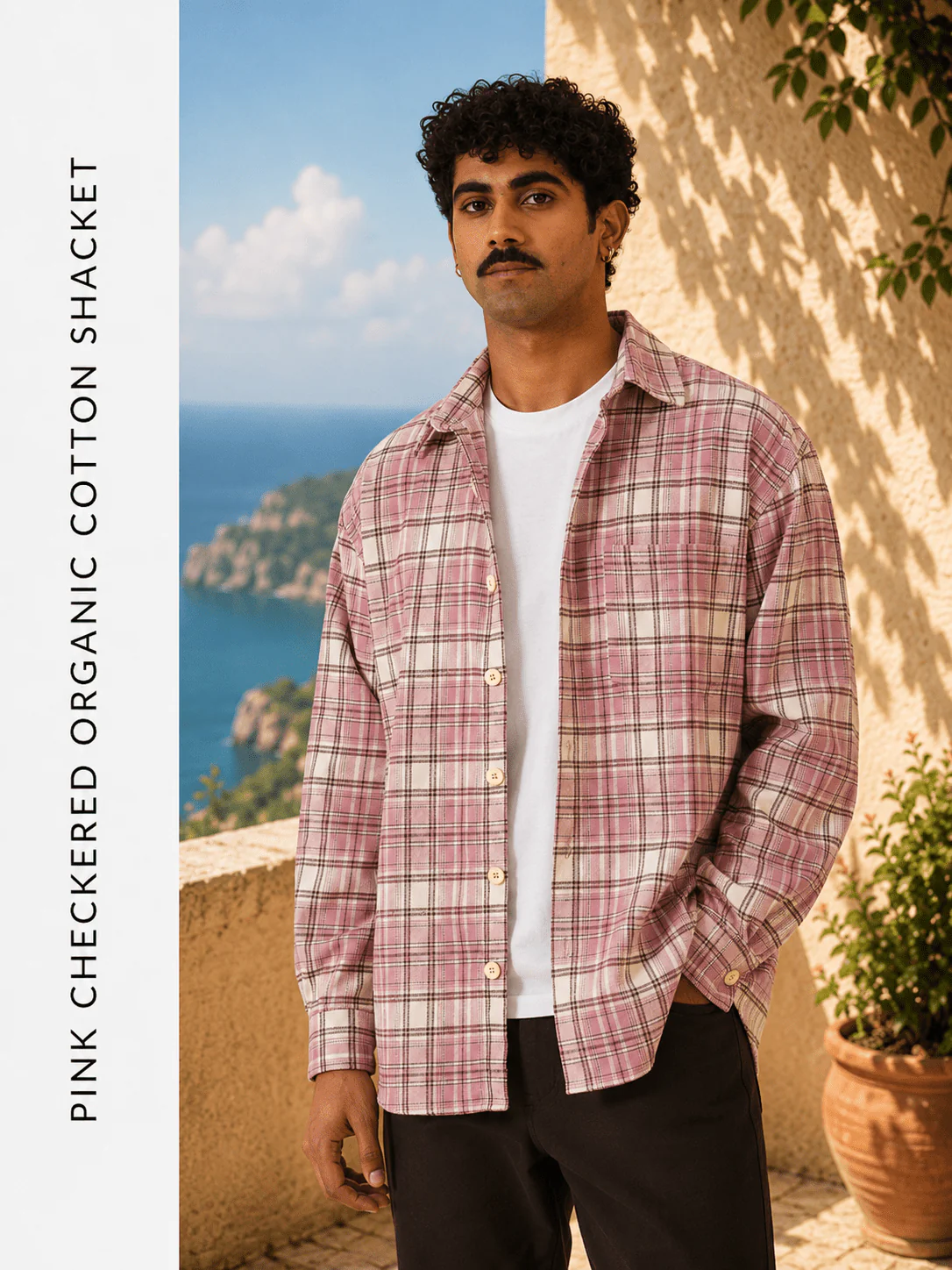 Pink Checkered Organic Cotton Shacket – Loose Fit, Full Sleeves - Image 3
