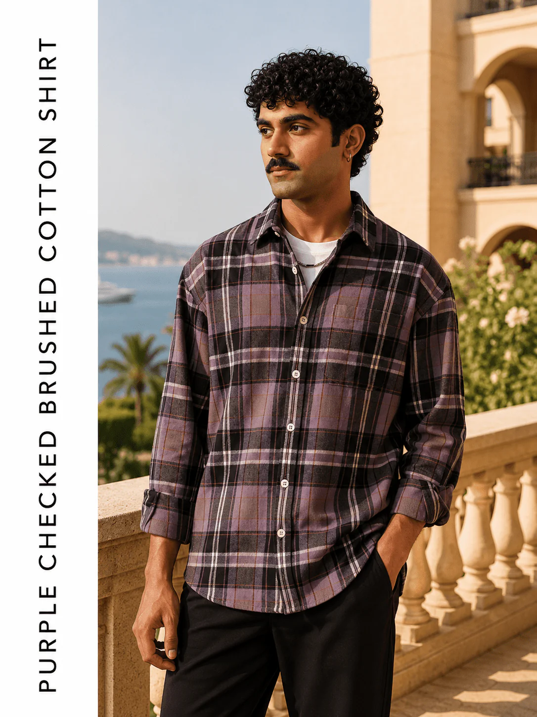 Purple Checkered Brushed Cotton Shacket – Loose Fit, Full Sleeves - Image 3