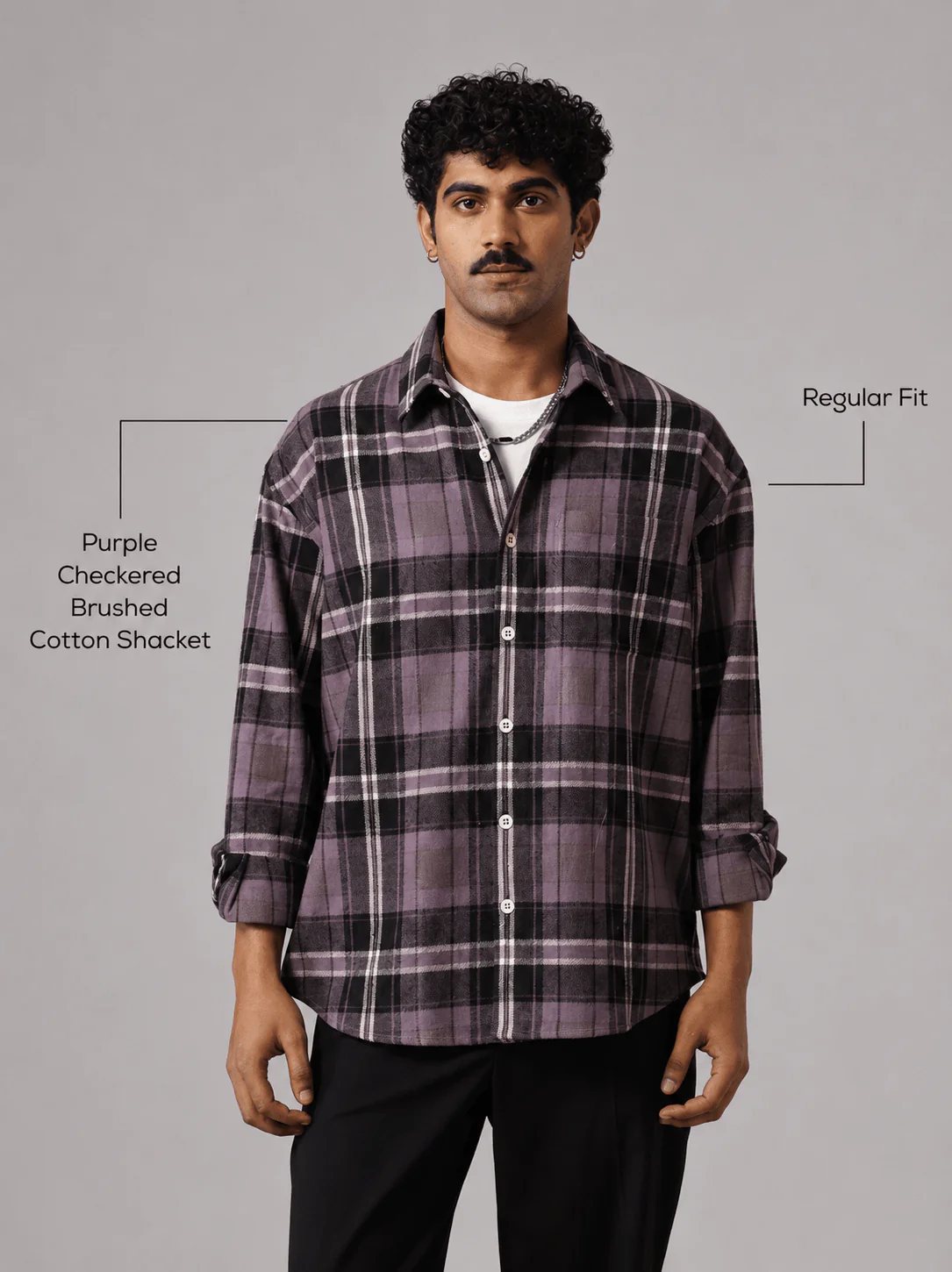 Purple Checkered Brushed Cotton Shacket – Loose Fit, Full Sleeves - Image 4