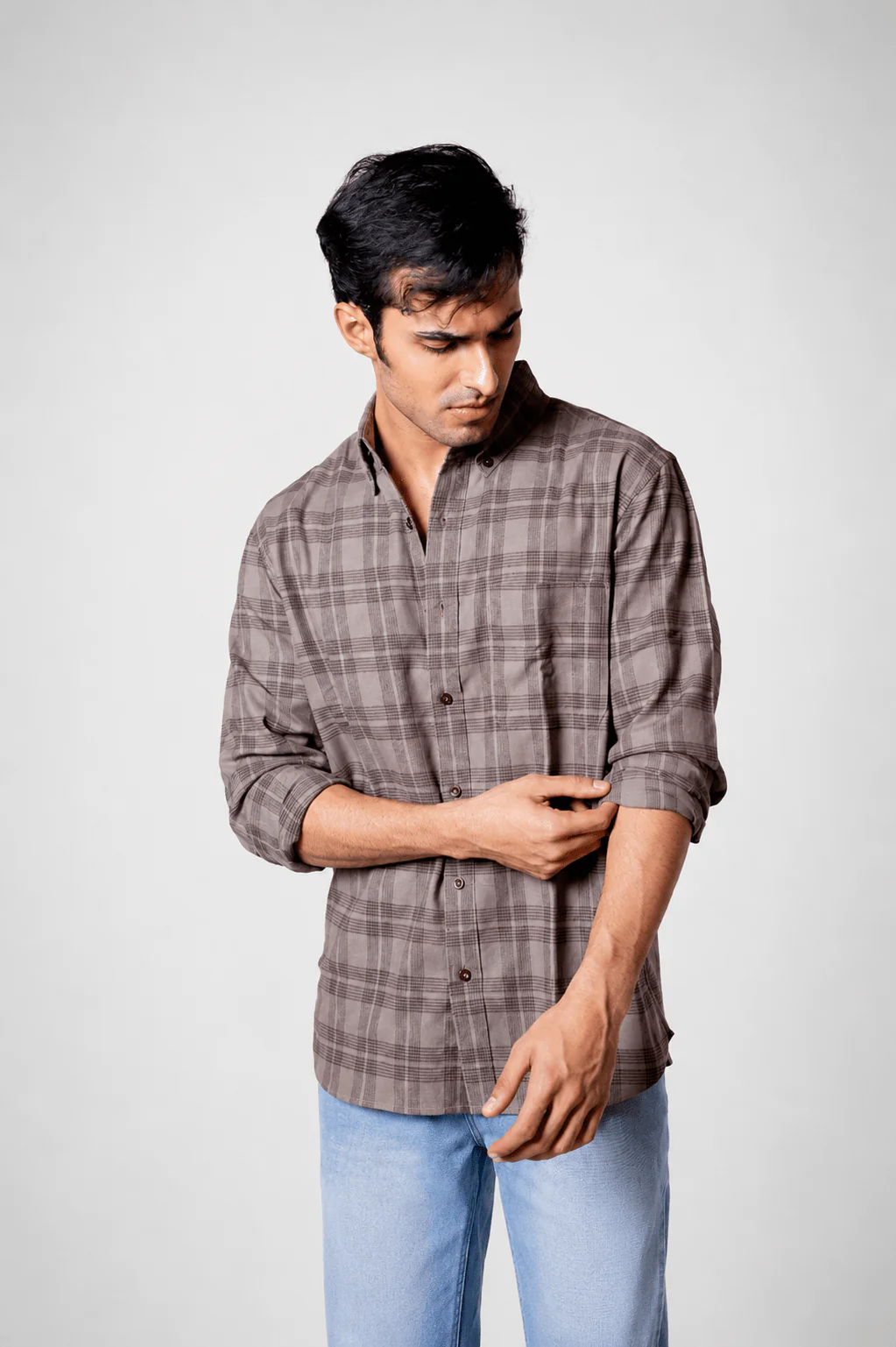 Regular Fit Grey Brown Checkered Shirt