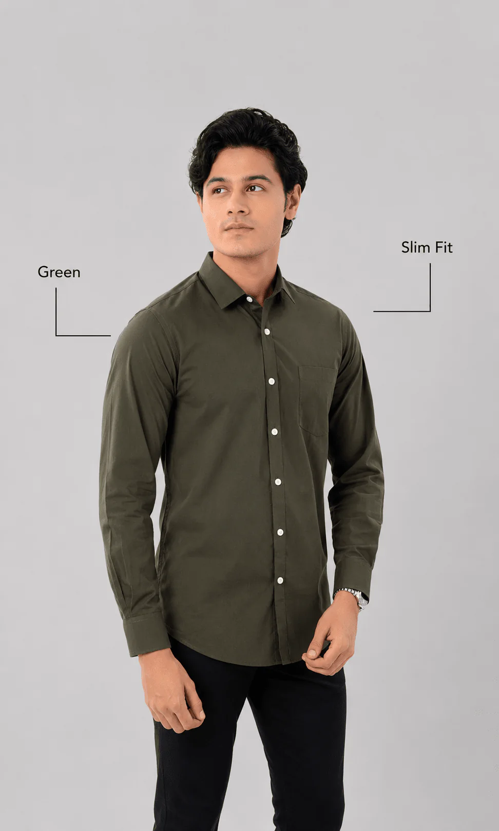Slim Fit Full Sleeves Shirt-Green - Image 3