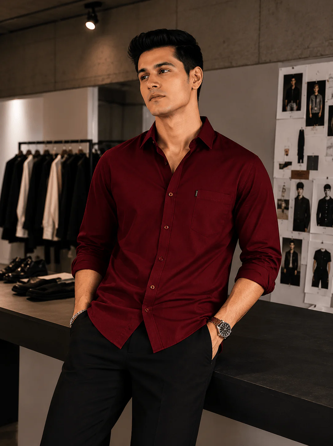 Slim Fit Full Sleeves Shirt-Maroon - Image 4