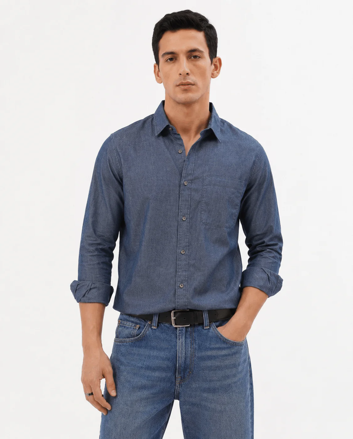 Steel Blue Textured Cotton Shirt – Regular Fit, Full Sleeves - Image 2
