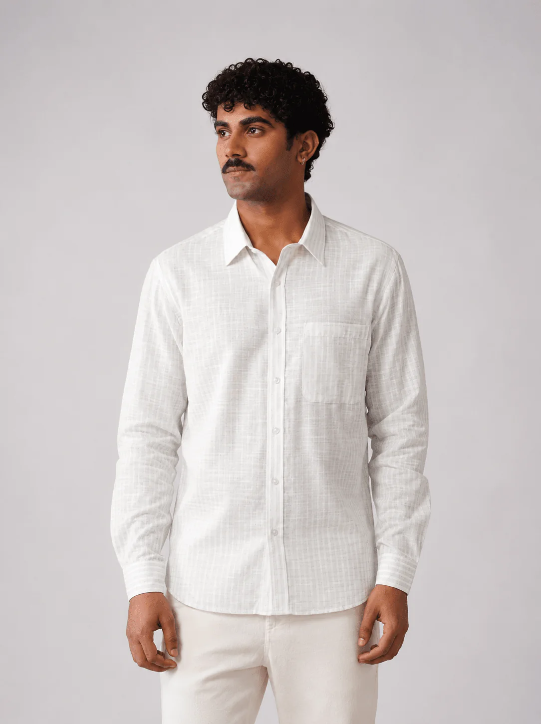 White Checked Brushed Cotton Shirt β Regular Fit, Full Sleeves