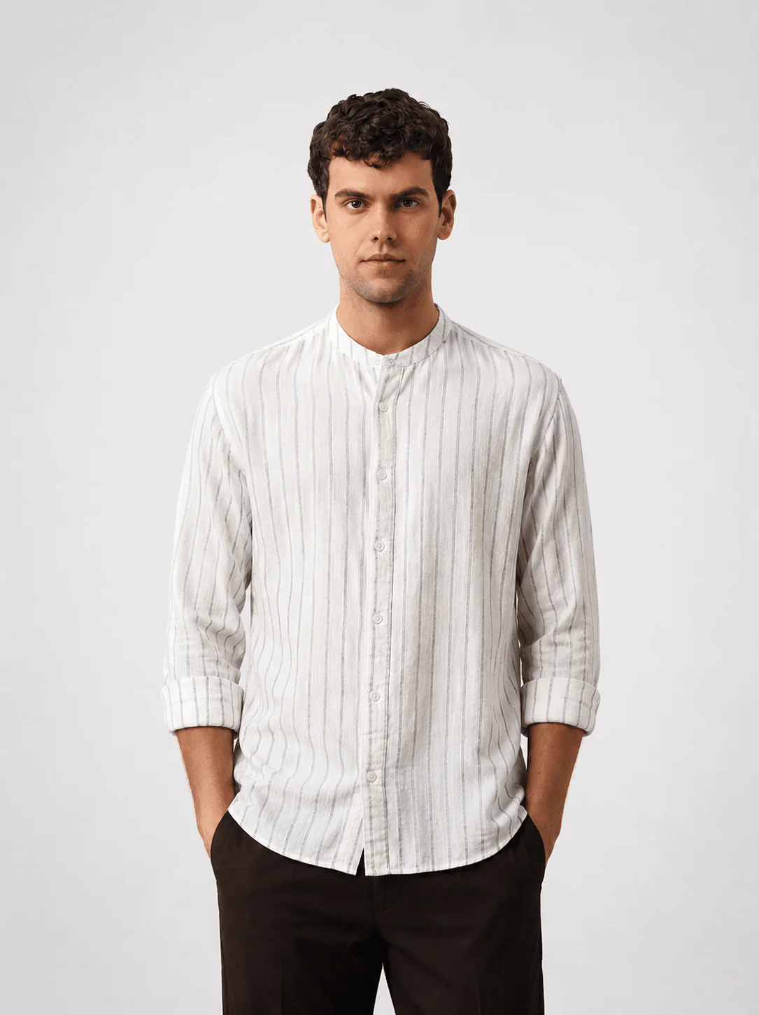 White Striped Cotton Mandarin Collar Shirt – Regular Fit, Full Sleeves