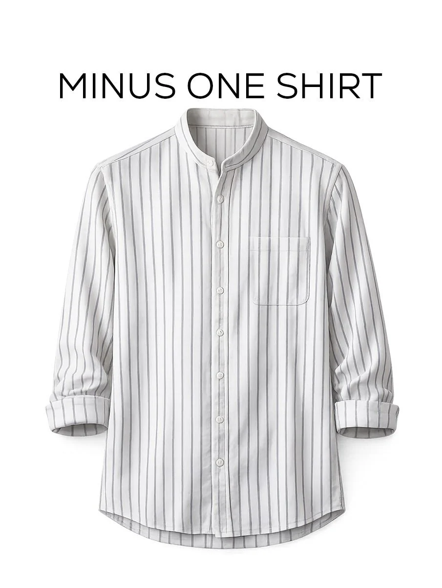 White Striped Cotton Mandarin Collar Shirt – Regular Fit, Full Sleeves - Image 2