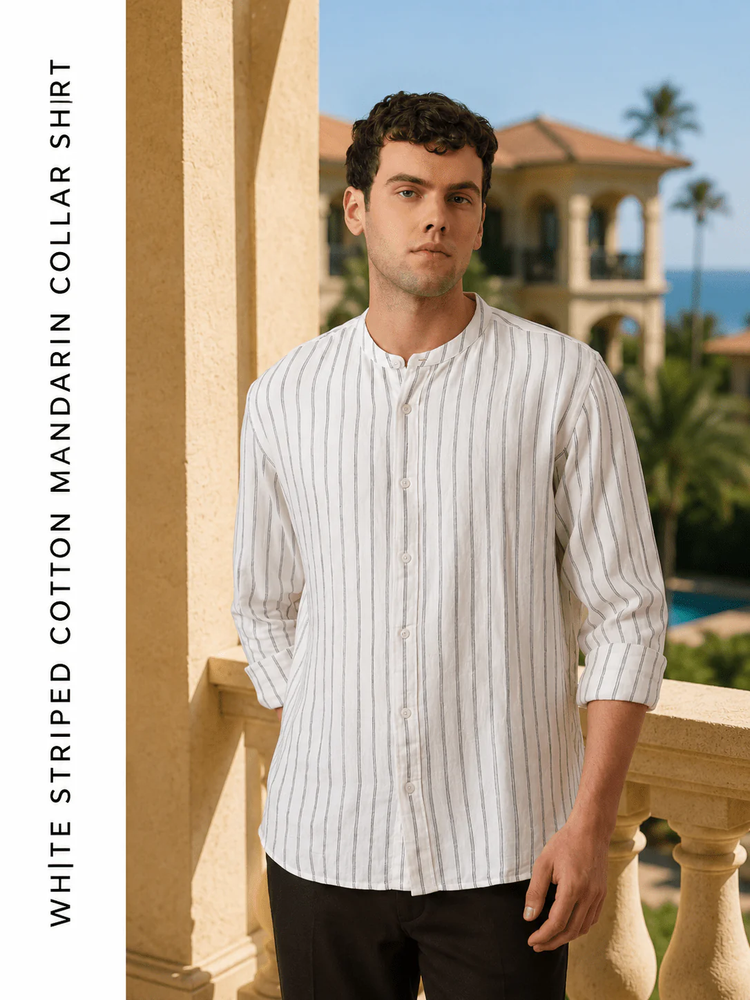 White Striped Cotton Mandarin Collar Shirt – Regular Fit, Full Sleeves - Image 3