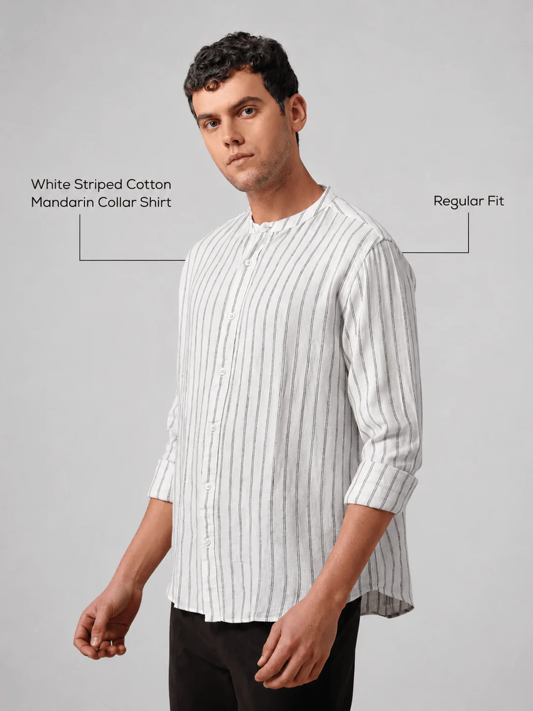 White Striped Cotton Mandarin Collar Shirt – Regular Fit, Full Sleeves - Image 4