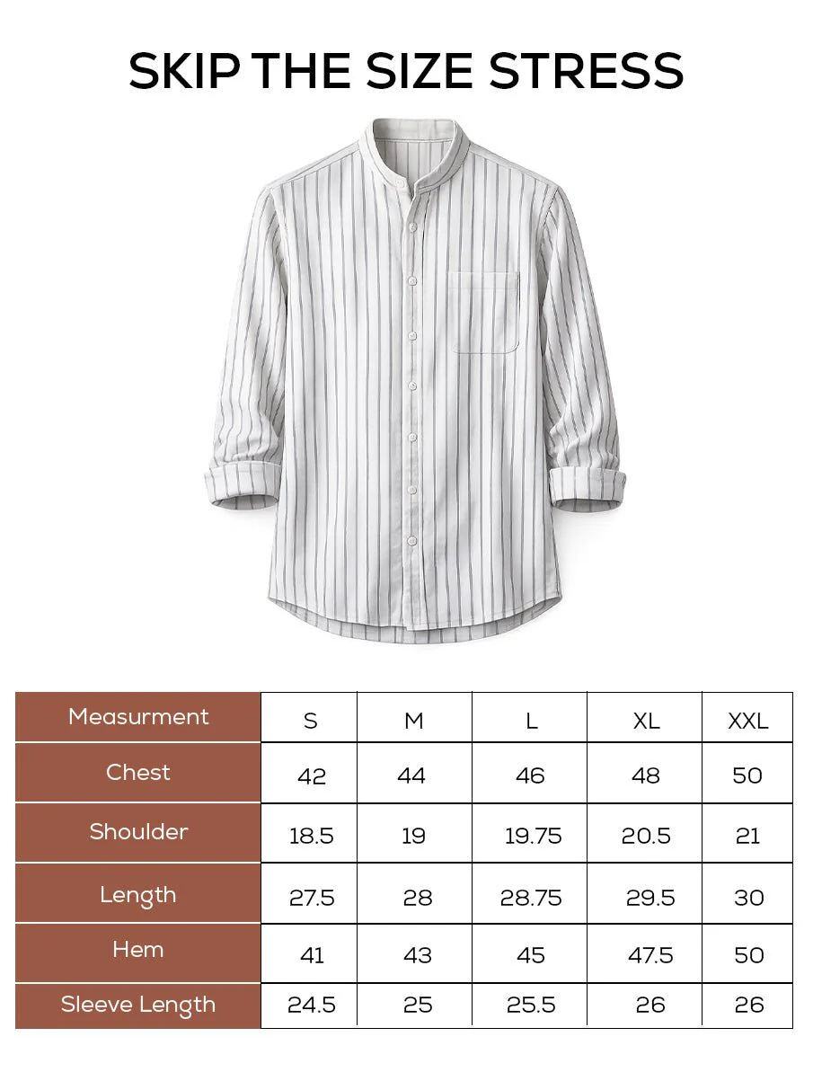 White Striped Cotton Mandarin Collar Shirt – Regular Fit, Full Sleeves - Image 5