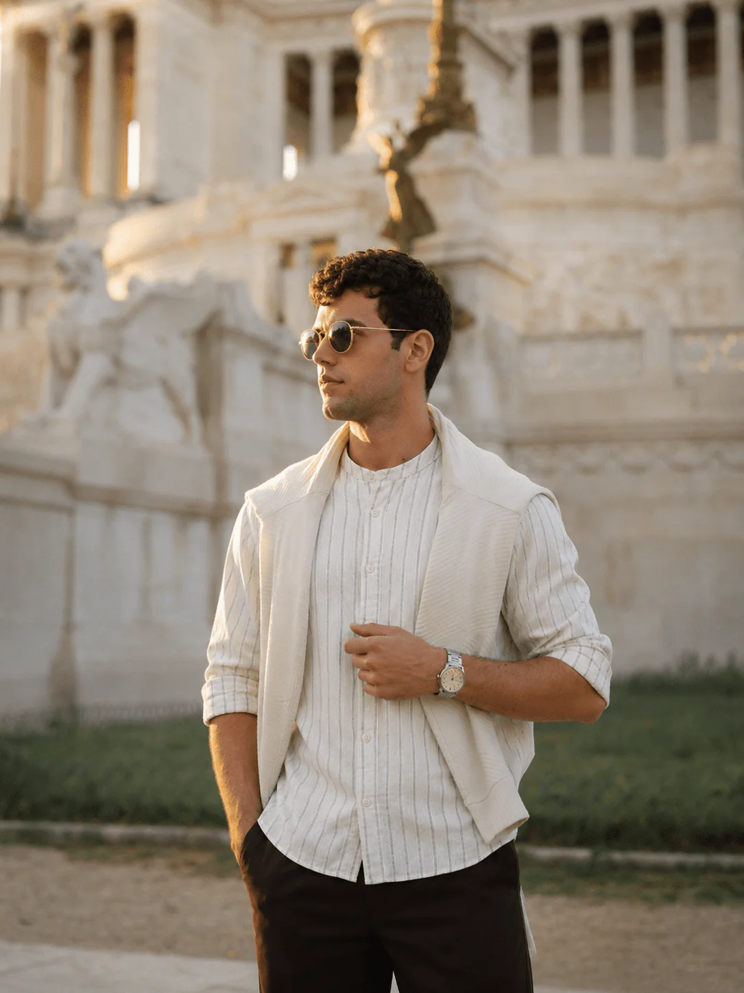 White Striped Cotton Mandarin Collar Shirt – Regular Fit, Full Sleeves - Image 6