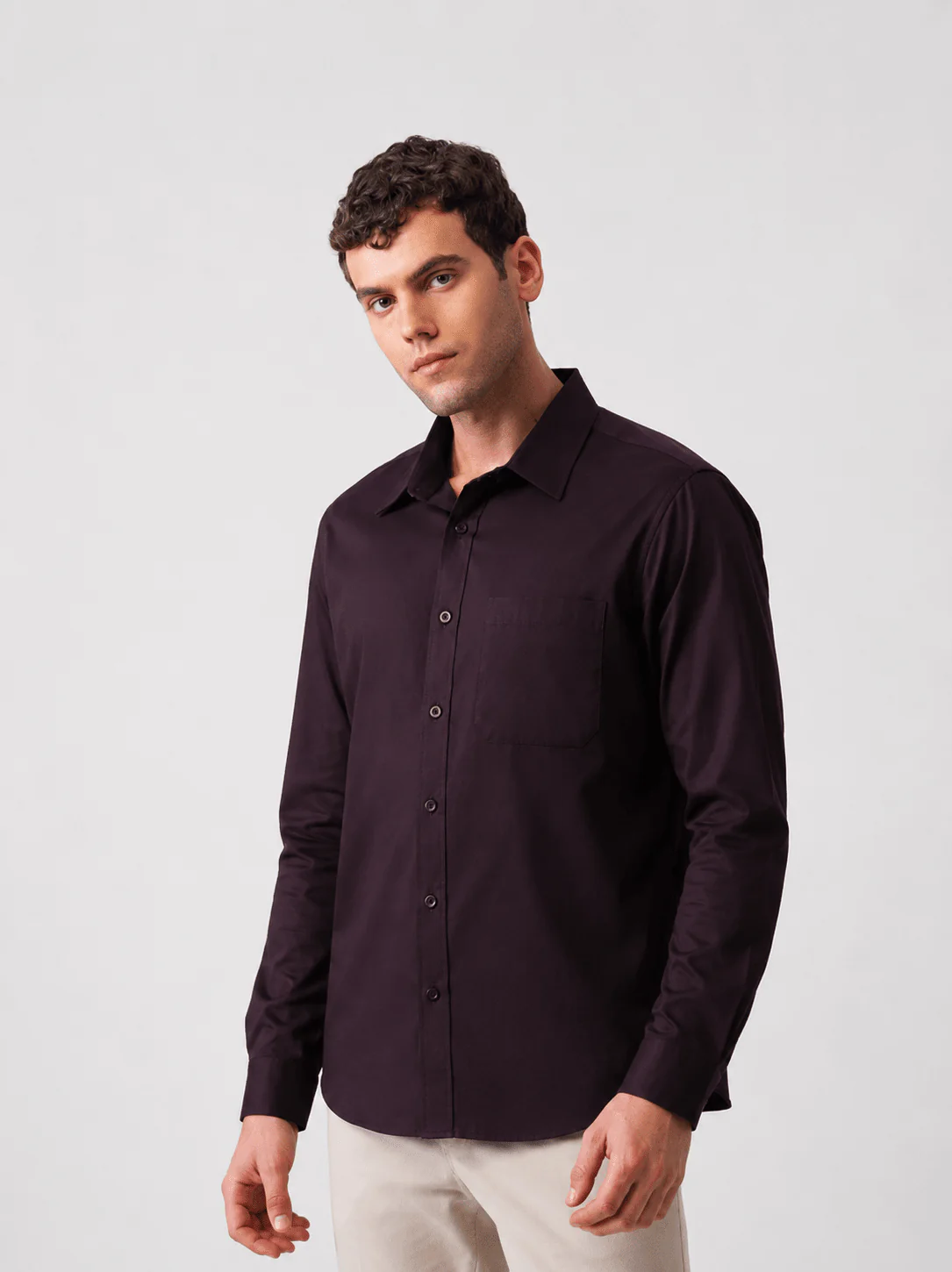 Wine Brushed Cotton Shirt – Regular Fit, Full Sleeves