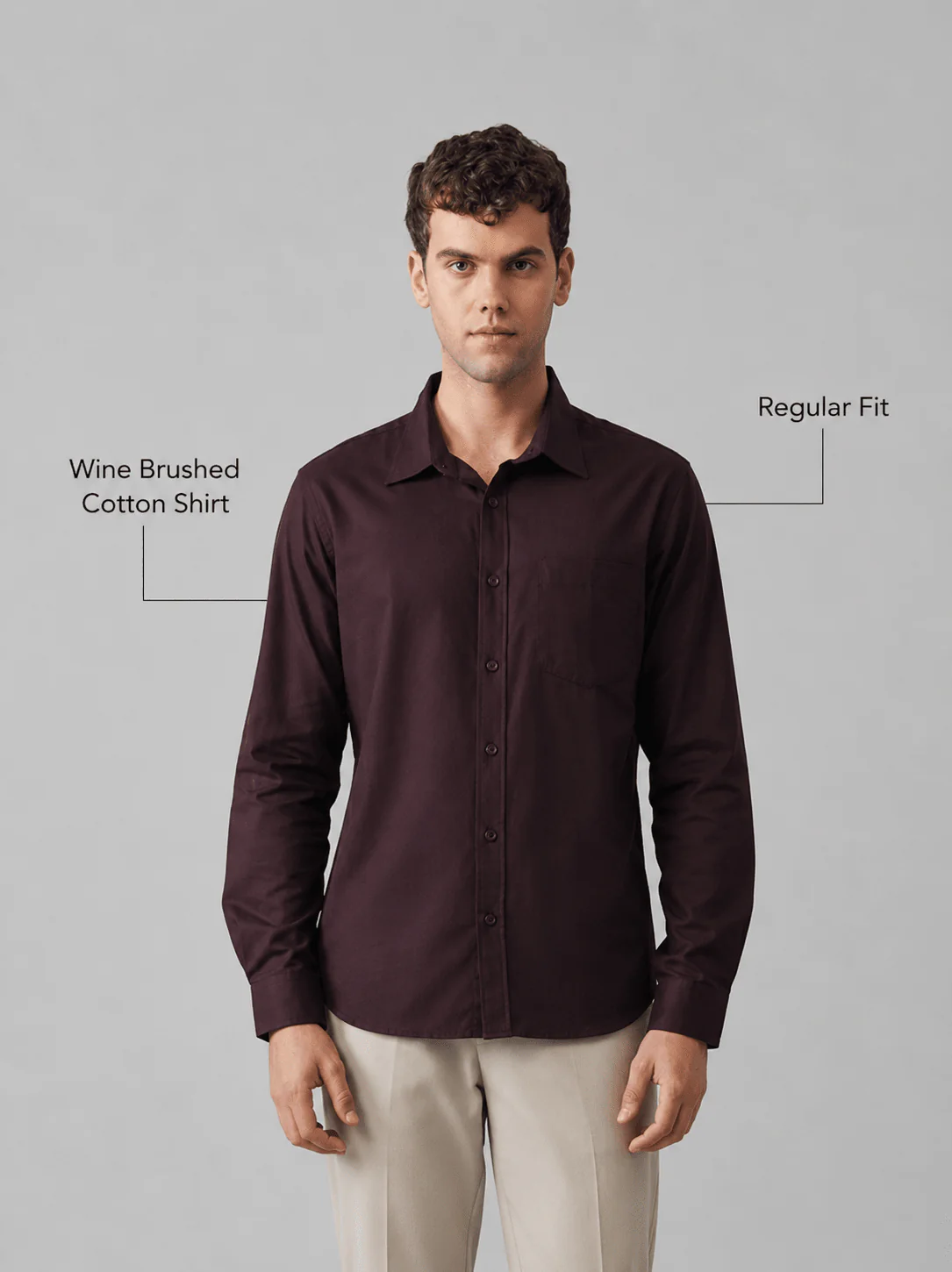 Wine Brushed Cotton Shirt – Regular Fit, Full Sleeves - Image 4
